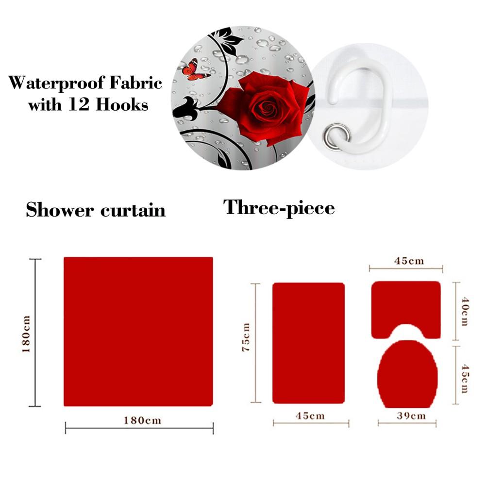Perdea de baie cu flori imprimată 3D, impermeabilă, romantică, cu trandafiri roșii, seturi de perdea de duș și covoraș pentru decorul de baie de Ziua Îndrăgostiților