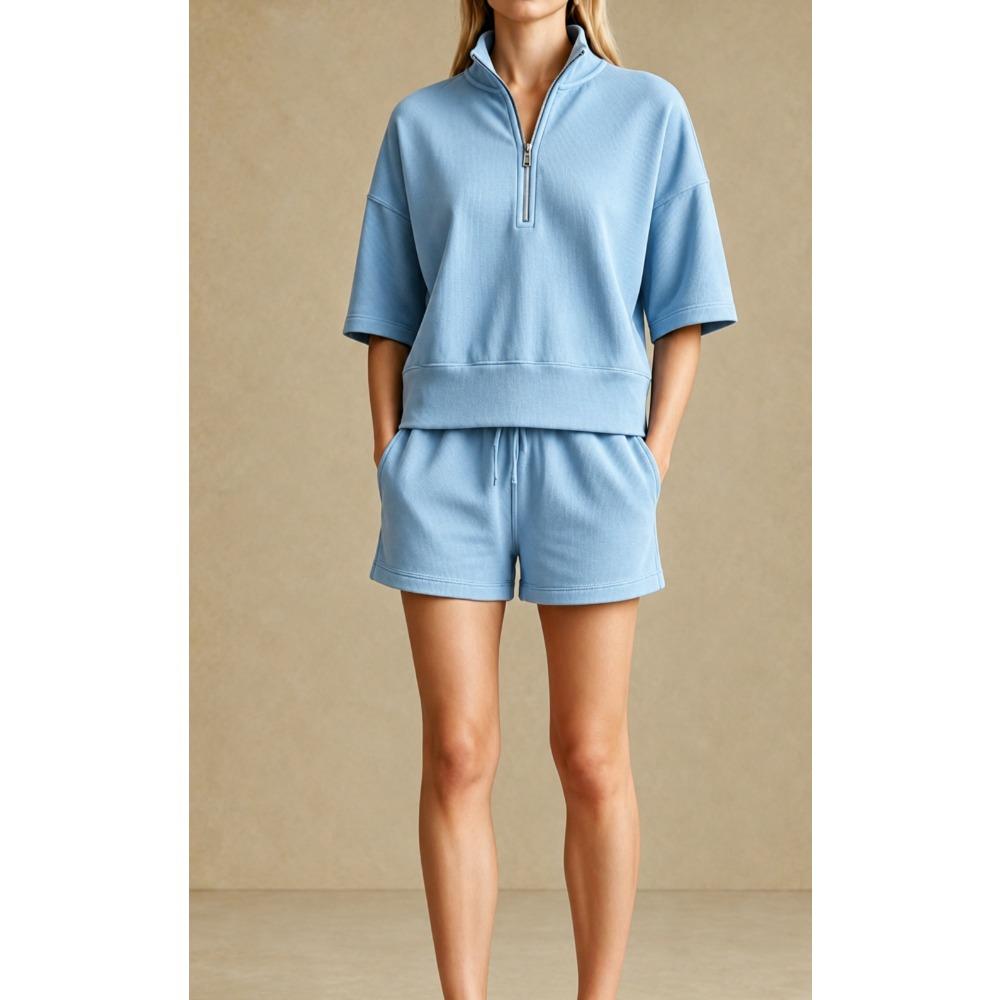 Women s Loose Tracksuit Half Zip Short Sleeve Sweatshirt Drawstring Waist Shorts S