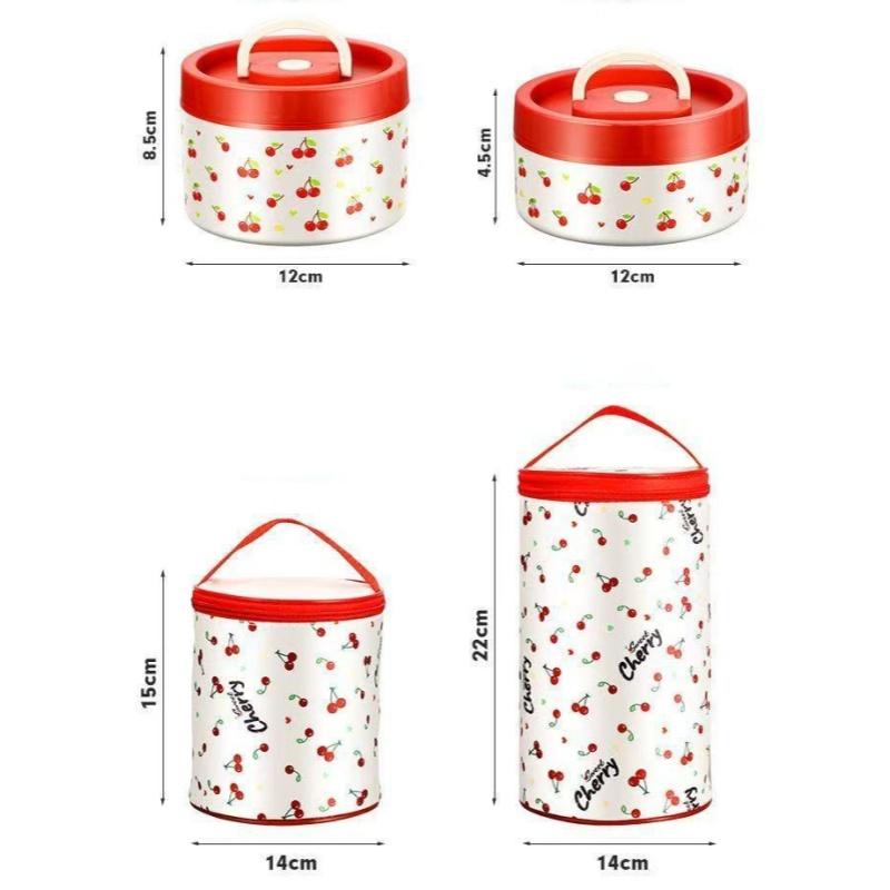 Stainless Steel Cherry Print Lunch Box Set with Insulated Bag & Tableware for School Office Picnic