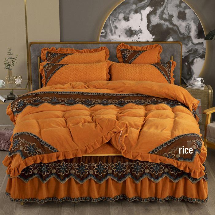 220g Quilted Bed Skirt Set: Warm Milk Velvet with Lace Embroidery (Four Pieces)
