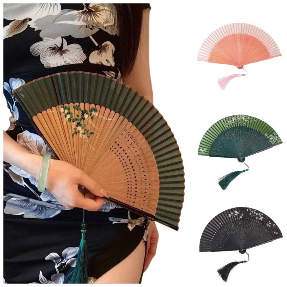 

Classical Carved Bamboo Folding Fan Elegant Tassel Folding Fan Vintage Handheld Fan Dance Prop Style F