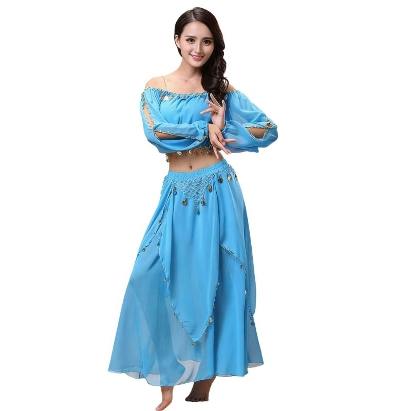 Set Costume Danza del Ventre a Maniche Lunghe da 2 Pezzi per Donne Tessuto Morbido in Chiffon Outfit da Ballo Outfit per Esibizioni Professionali