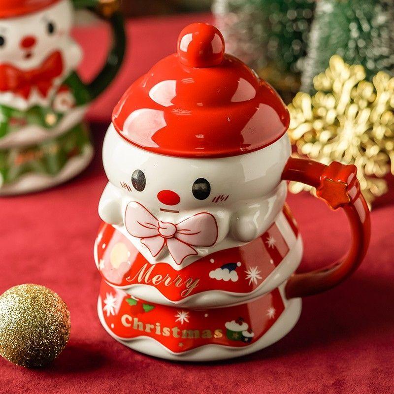 Creative Christmas Snowman Ceramic Coffee Cup Cartoon Cute Snowman Mug with Lid Birthday Gift Red Snowman Coffee Cup Home Decor