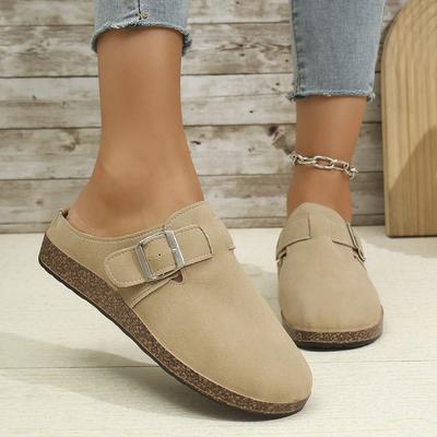 Women's Solid Color Flat Mules, Casual Closed Toe Slip On Shoes, Comfortable Buckle Strap Design Shoes