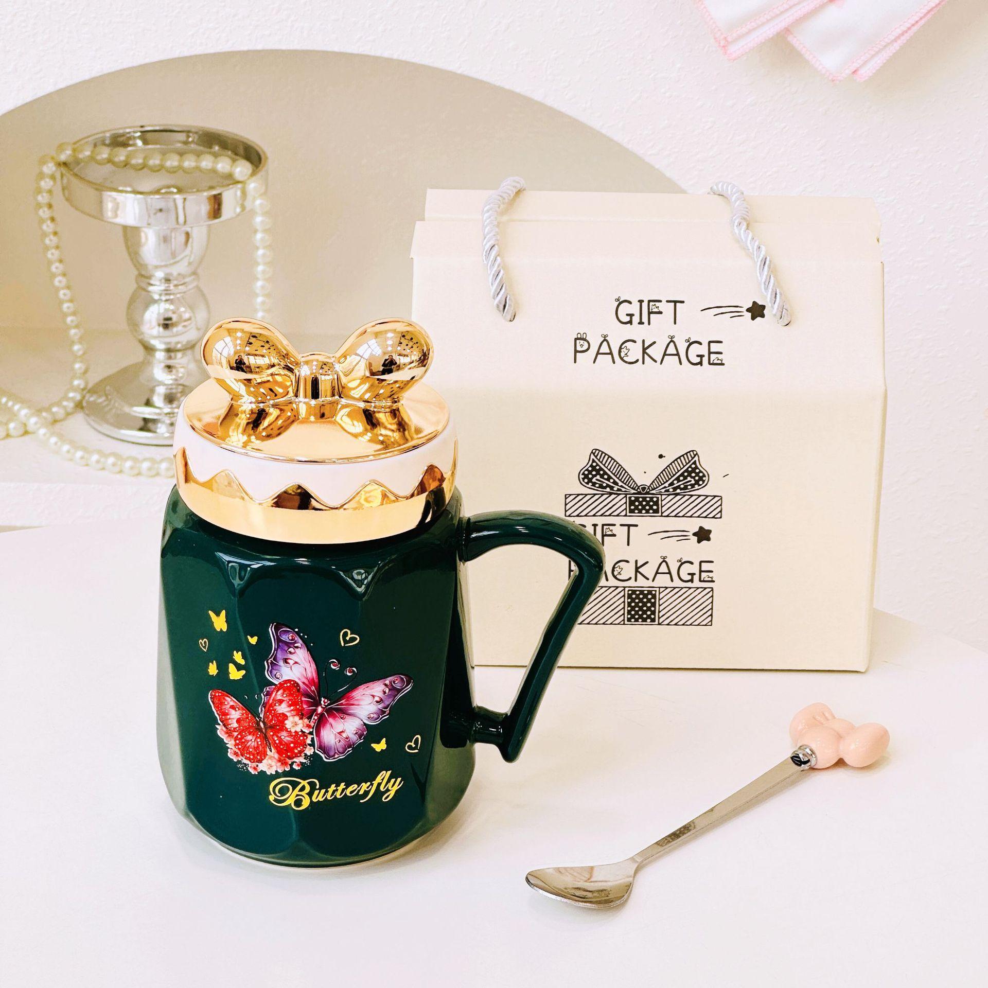Vlinder Keramische Mok met Deksel Kantoor Cadeau Waterbeker Meisjes Souvenir Cadeau 350ML