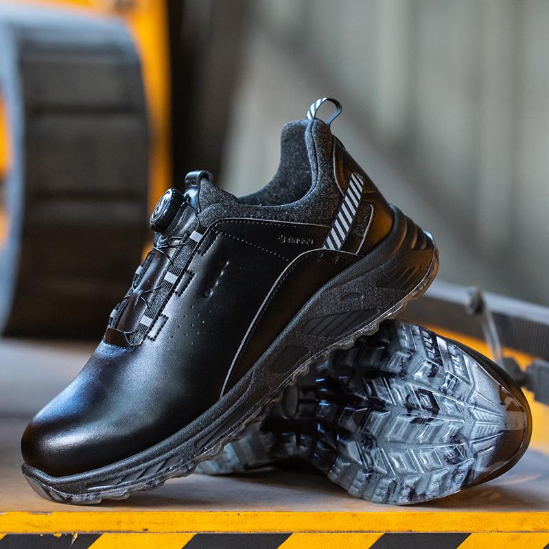 Fashion Waterproof Work Safety Boots Men Steel Toe Boots Rotating Button Safety Shoes Black Leather Security Protective Boots for Women
