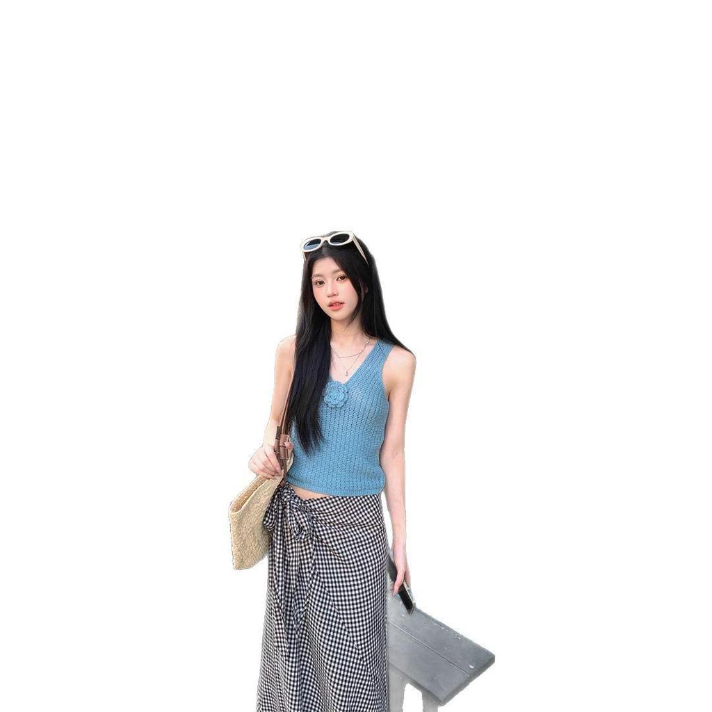 3D Kwiatowy Dekolt w Serek Dzianinowy Bez Rękawów Niebieski Top Tank - Damski Wyszczuplający Letni Design