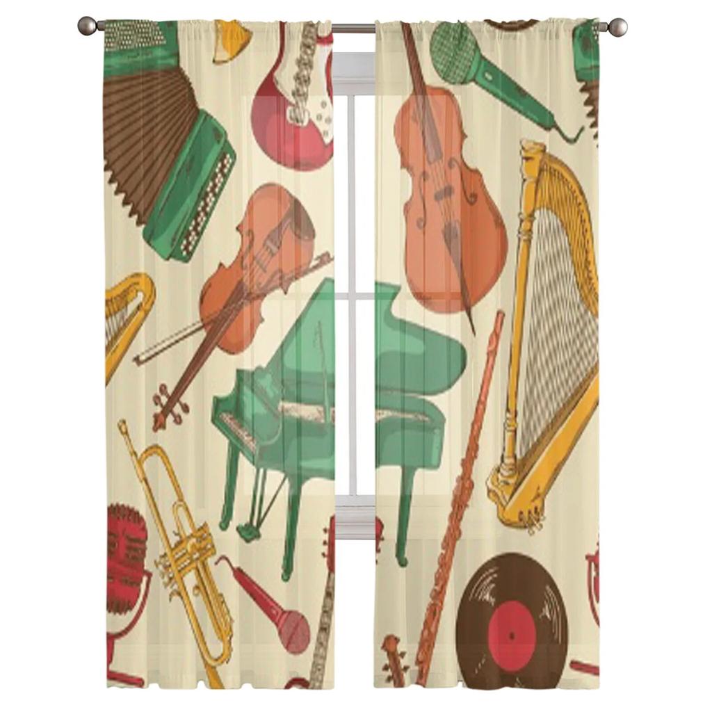 Colorful Pattern Of Musical Instruments Sheer Curtains For Bedroom Living Room Tulle Curtains For Kitchen Window Voile Curtains