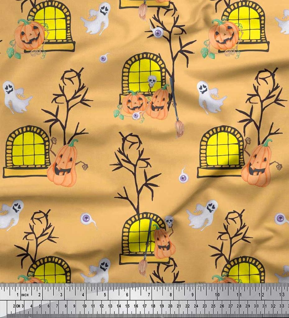 Soimoi Japonská krepová saténová látka Strašidelný dům, Dýně a Duch Halloweenská tištěná látka 1 metr 42 palců