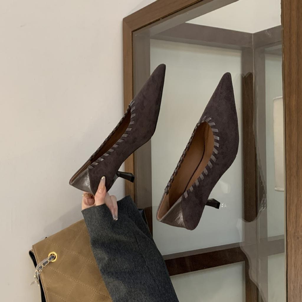 2025 new high-heeled light-mouth foot suit suede versatile commuter work woven women's single shoes
