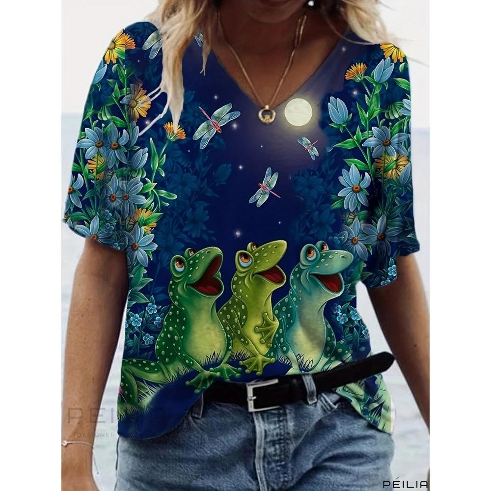 3D retro printed V-neck short sleeved shirt, fashionable women's T-shirt clothing