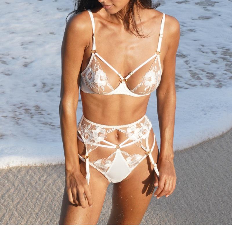 European and American Sexy Embroidered Lingerie Set - Transparent Cutout Temptation, Teasing Passion Three-Piece Set