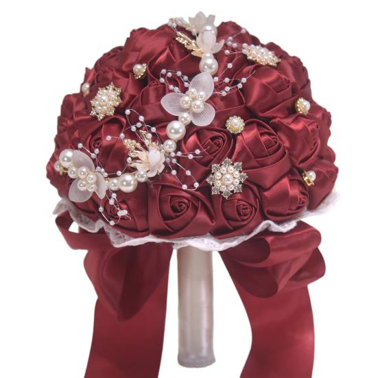 Lightweight Handheld Wedding Flowers Artificial Silk Rose Bridal Bouquet with Chiffon Ribbon, Toss for Ceremony, Vintage Style Floral Keepsake