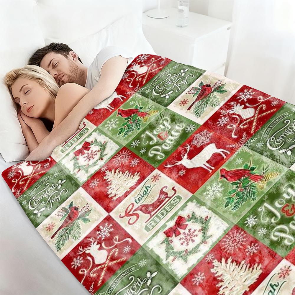 Christmas Patchwork Fleece Blanket Reindeer Cardinal Tree Pattern Soft Cozy Throw Blanket  for Couch  Lounging Ideal Gifts
