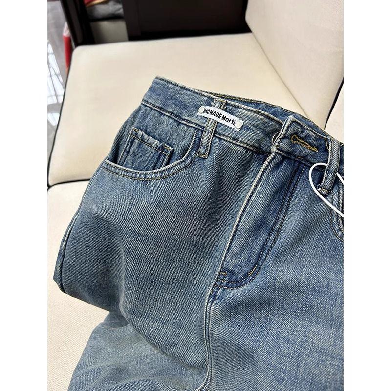Women's Winter Retro Blue High-Waisted Slim-Fit Straight-Leg Jeans - Plus Velvet, Thickened, Wide-Leg, Large Size for Curvy Figures