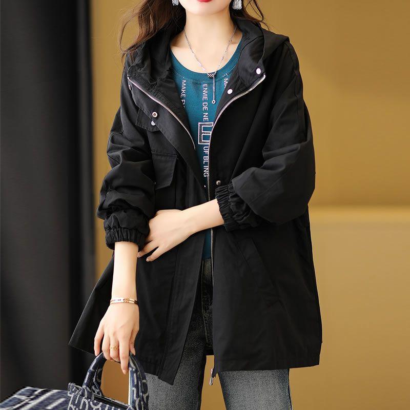 Versatile Hooded Jacket Women's Autumn New Korean Version Waist Drawstring Medium and Long Trench Coat