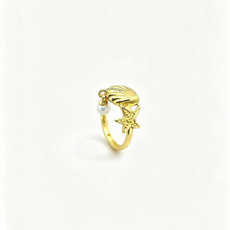 Ancient Sand Gold Pearl Star Open Adjustable Ring for Women - Creative New Design
