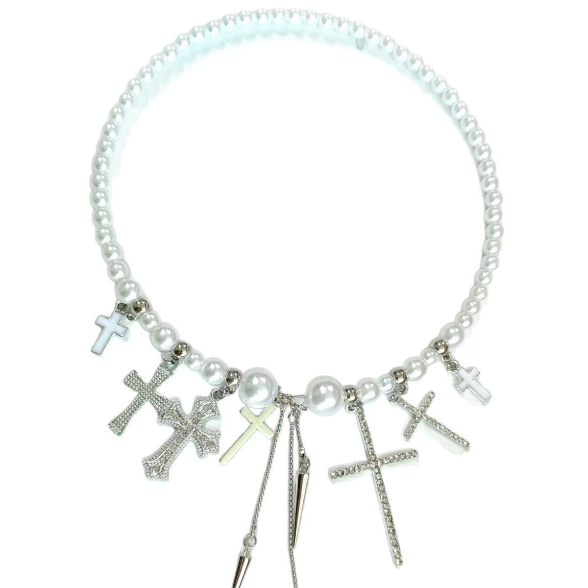 

European and American ins style diamond-encrusted cross fringed pearl collarbone chain women s fashion sweet and cool girl necklace personalized neck