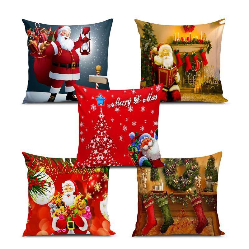 Decorative Printed Merry Christmas Theme Cushion Cover Xmas Decorations for Sofa Living Room Set of 5 12 X 12 Inch Multi
