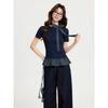 Fake Two-Piece Plaid Short-Sleeve T-Shirt With Lace Hem For Women New Spring/Summer Base Shirt With Ribbons