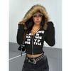 Sweat à capuche oversize court pour femme avec bordure marron pelucheuse Streetwear Pull