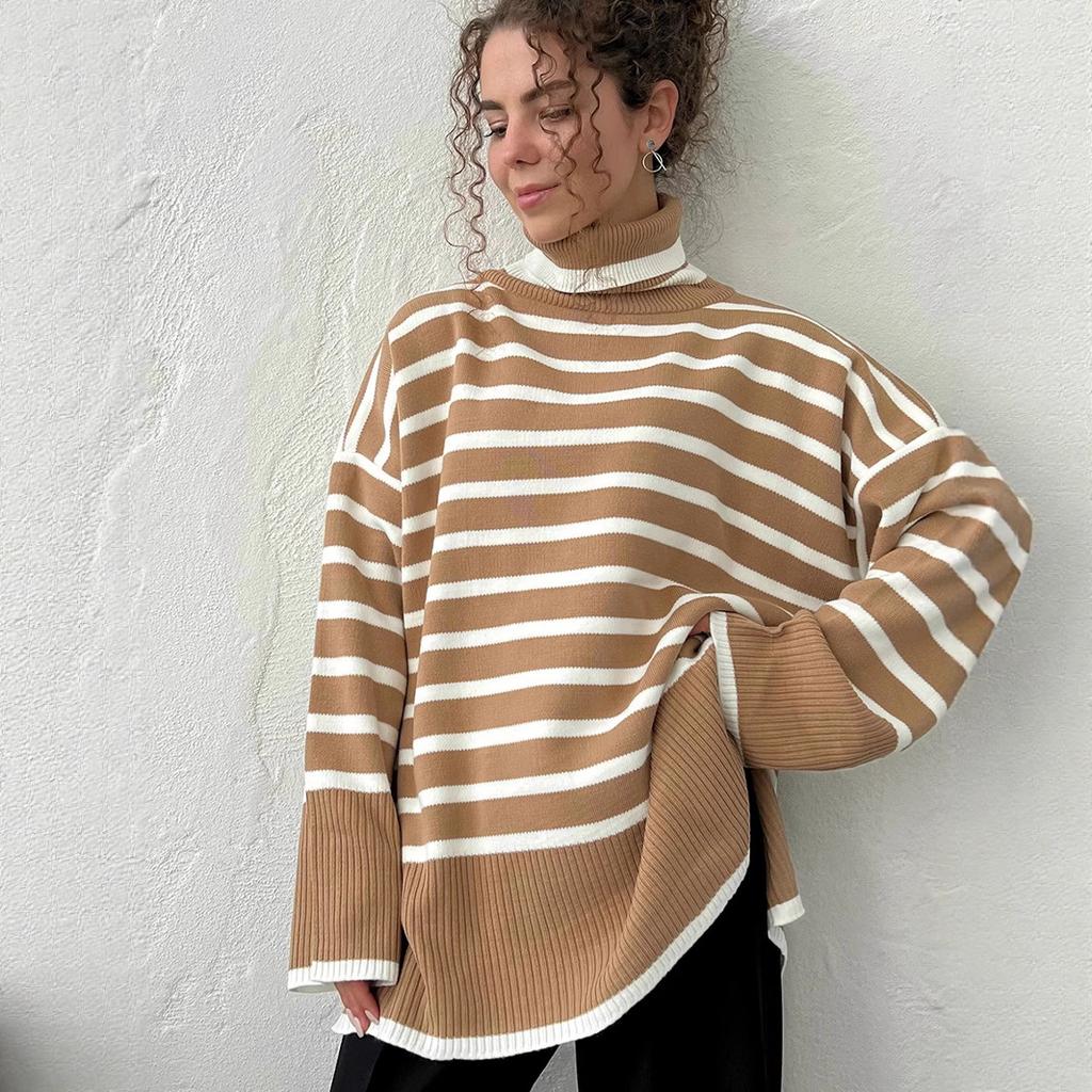 High Neck Striped Jumper for Women Autumn Winter High Neck Pullover Knitwear Versatile Loose Fit Jumper Luxurious Relaxed-fit Slimming Versatile Top