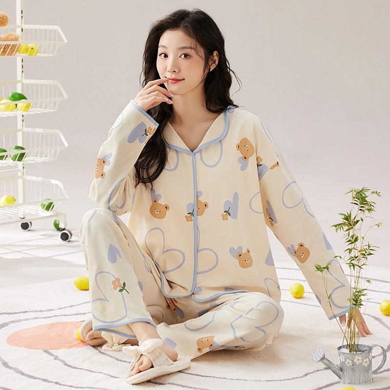 

Медведь Синий Цветок Женский Пижамный Комплект Длинные Рукава Длинные Штаны Осень Зима Милый Кавайный Пижамы Пижамы Мягкие Пижамы Дамы Уютные 2XL