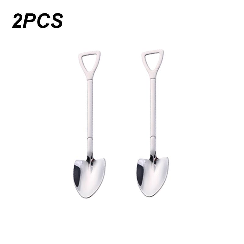 1/2/4pcs Coffee Spoon Cutlery Stainless Steel Retro Iron Shovel Ice Cream Spoon Scoop Creative Spoon Tea-spoon Fashion Tableware 2PCS-silver2
