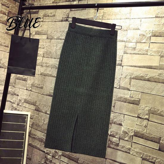 Solid Color Midi Skirt Women Knitting High Waist Back Slit Design Soft Breathable Thickened Warm Hip Wrapped