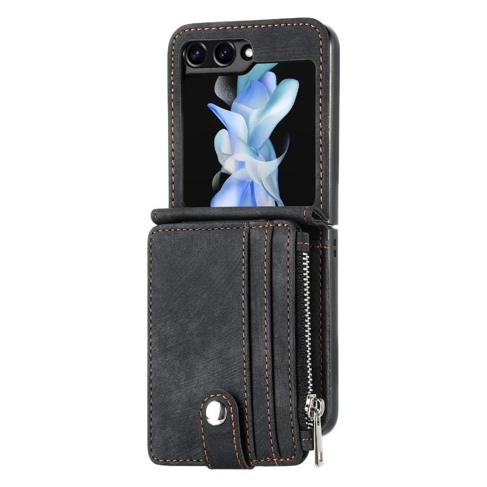 Faux Leather Galaxy Z Flip 6 Wallet Phone Case with Removable Card Holder for Samsung Z Flip 5 4 3 Flip5 Flip4 Flip3 5G Cover