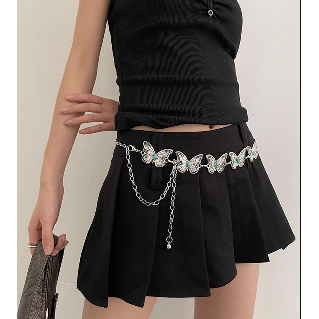 Women Body Chain Vintage Carving Butterfly Turquoise Waist Chain Belt Belly Chain Waistbelt Body Jewelry Accessories