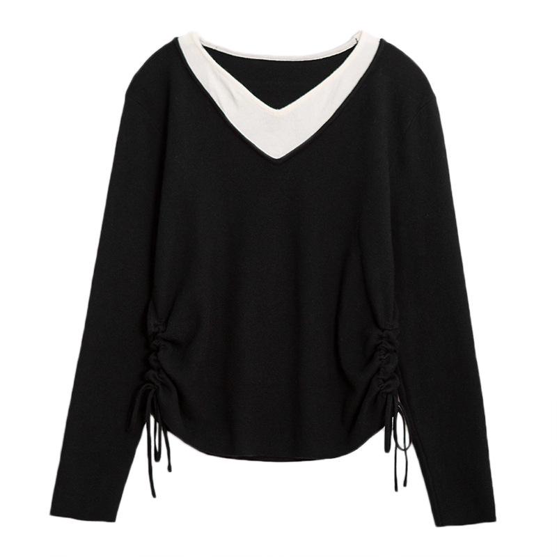 

Трендовый женский свитер большого размера с V-образным вырезом и кулиской - Вязаный дизайн, визуально омолаживающий 2XL чёрный