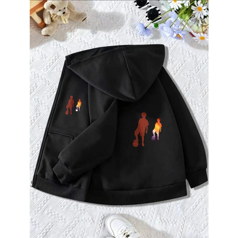 Boys Girls Kids Zip Up Hooded Jacket Gradient Basketball Soccer Player Silhouette Print Long Sleeve Casual Sports Hoodie