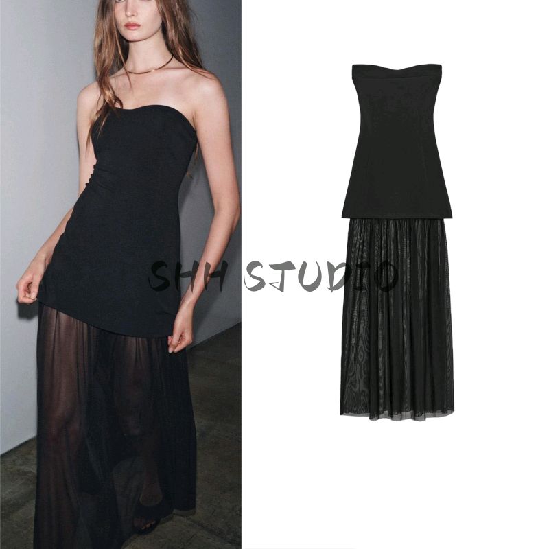 Autumn New Women's Clothing Sexy Wind Straight-leg Hem Patchwork off-the-Shoulder Tube Top Texture Dress 5039459