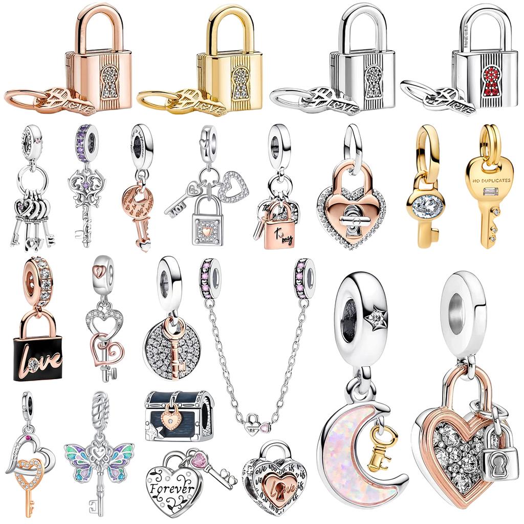 925 Silver Lock Key Charms Butterfly Treasure Love Slogan Heart Multi Tone Moon Beaded Bracelet Jewelry Gift for Women