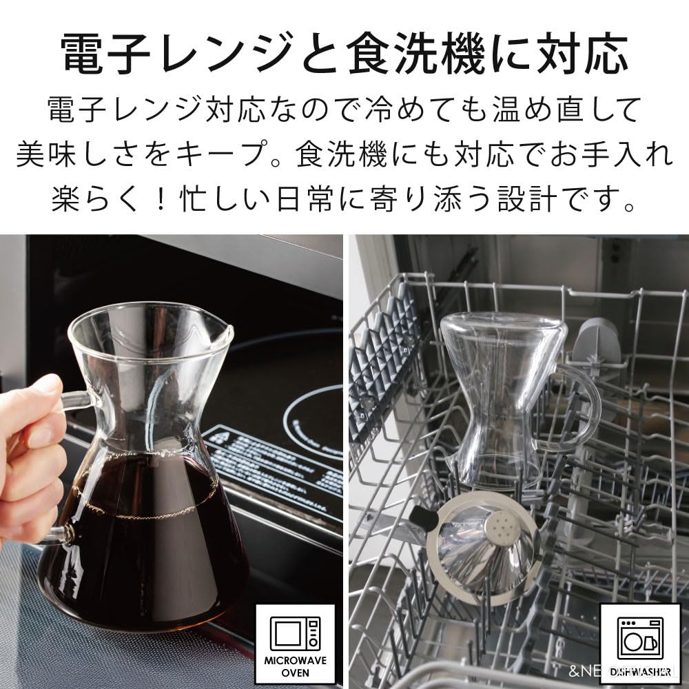 &NE Glass Dripper & Server with Stainless Steel Filter, Nikii Cafe Clear, 16cm Wide X 12cm Deep X 15.5cm High, 450ml Capacity, Heat-Resistant Glass,
