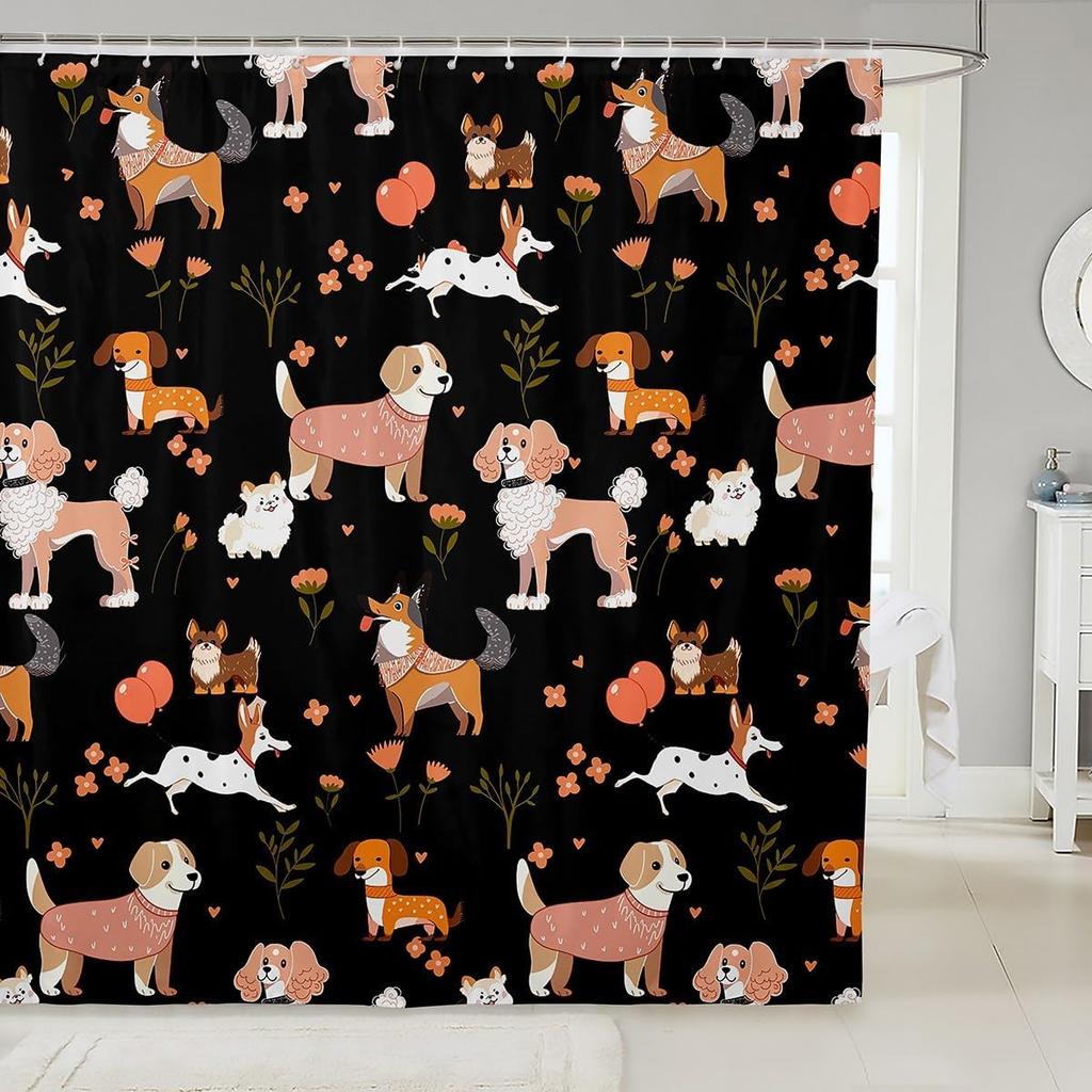 Cartoon Husky Shower Curtains,Cute Dog Animal Kawaii Family Puppy Pet Bath Curtain,Boho Floral Leaves White Waterproof Fabric