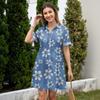 Casual Loose Fit Shirt Dress for Women Button Front Short Sleeve Collared Dress with Printed Hemline Border Design
