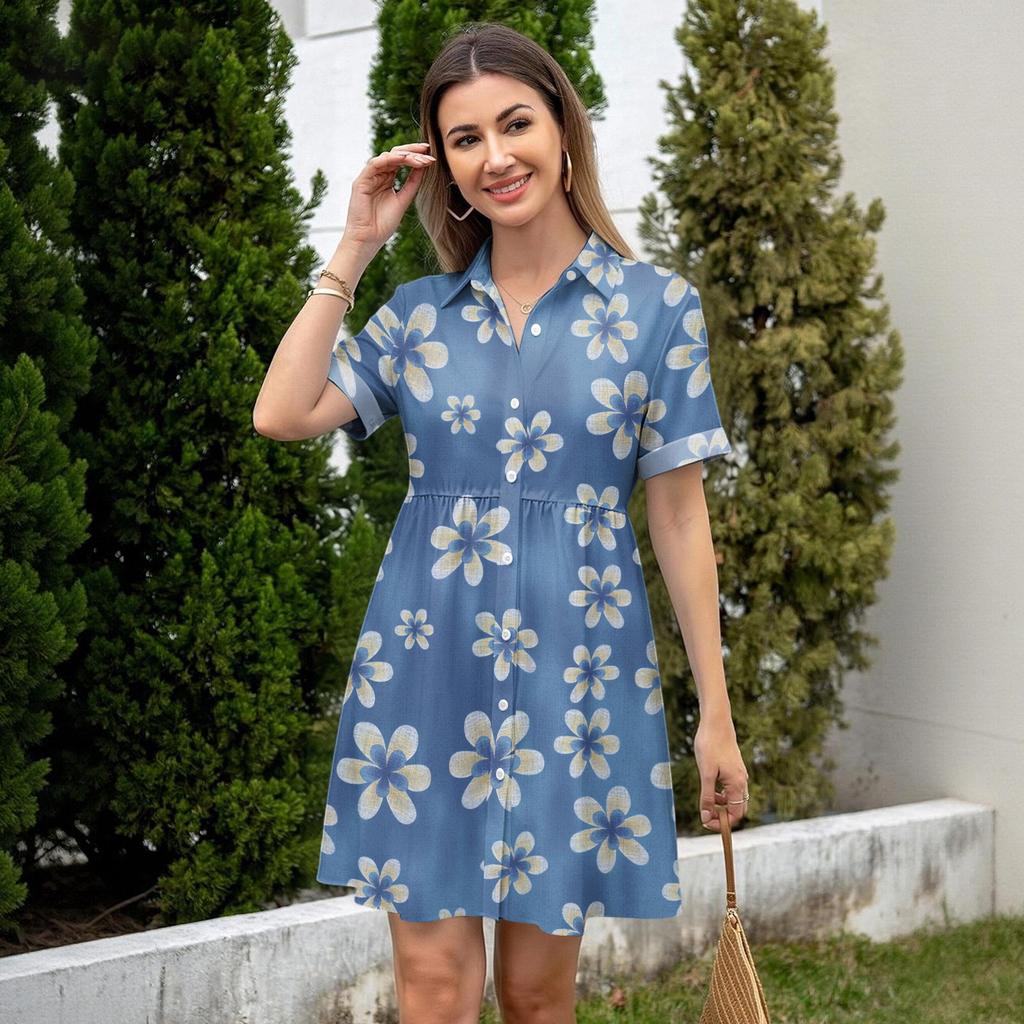 Casual Loose Fit Shirt Dress for Women Button Front Short Sleeve Collared Dress with Printed Hemline Border Design