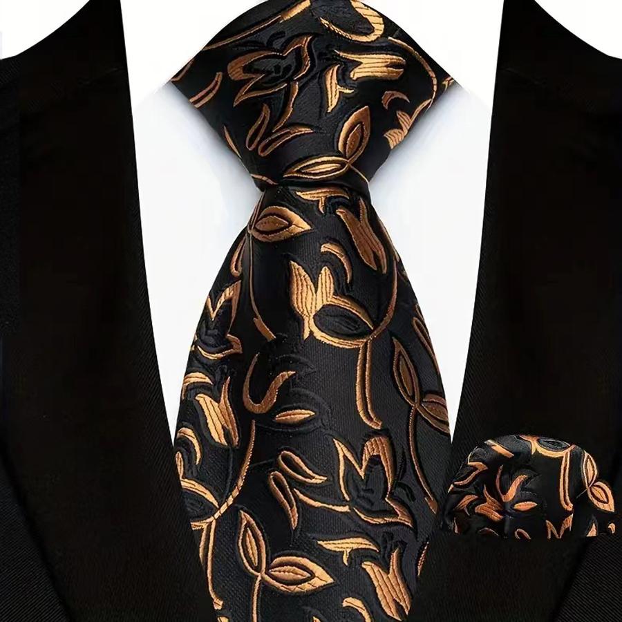 Men s Ties Handkerchief Set Business Formal Floral Stripes 8cm Brown Orange Pocket Square Necktie Set for Wedding Accessories