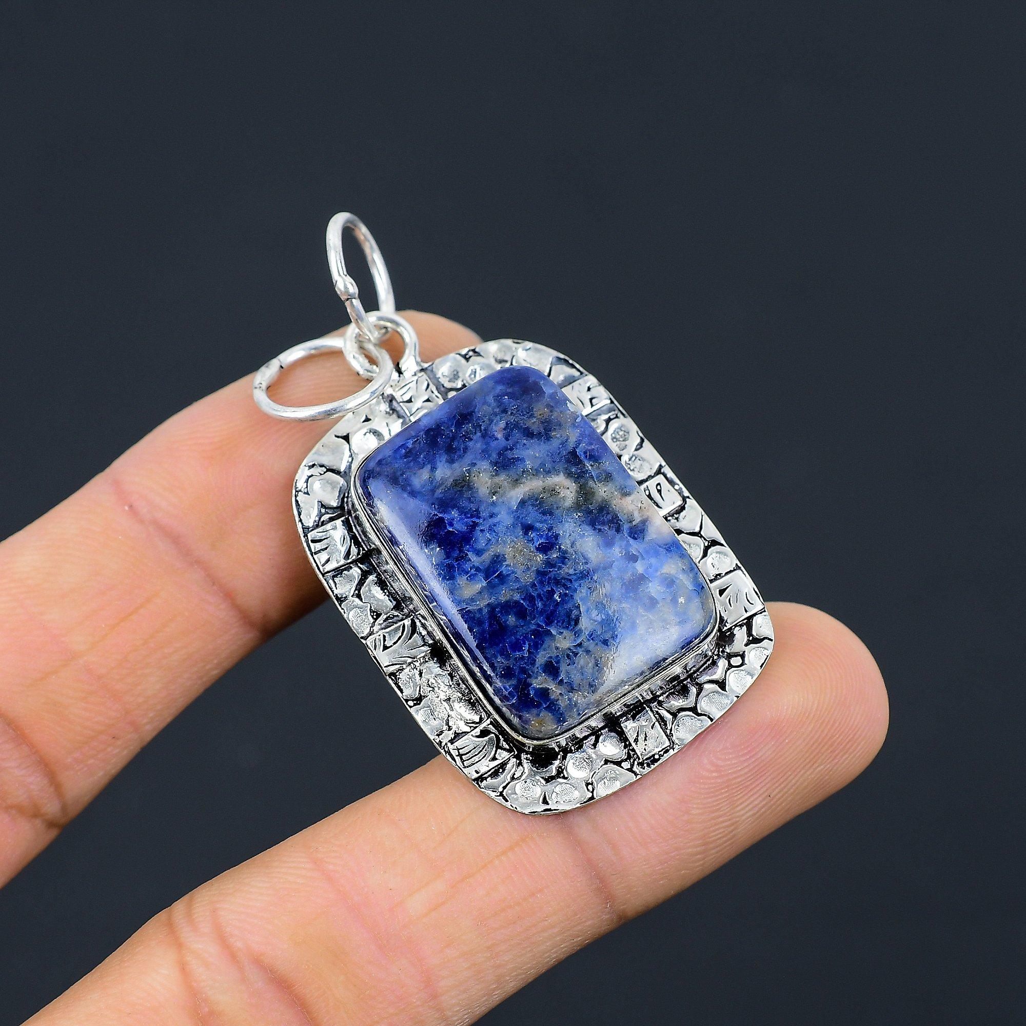 

Sodalite Stone Boho Sister Bezel Third Eye Chakra Art Deco Pendant 925 Silver