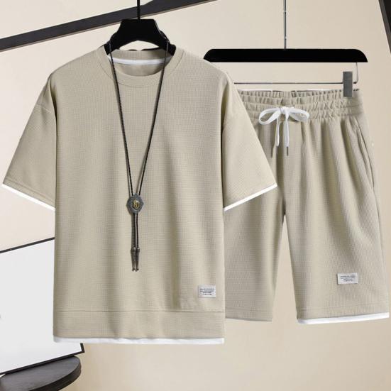 2 Pcs/Set Men Summer Tracksuit Set Casual Loose Solid Color Short Sleeves Elastic Waist Sports Drawstring Workout T-shirt Shorts Set Male Clothes