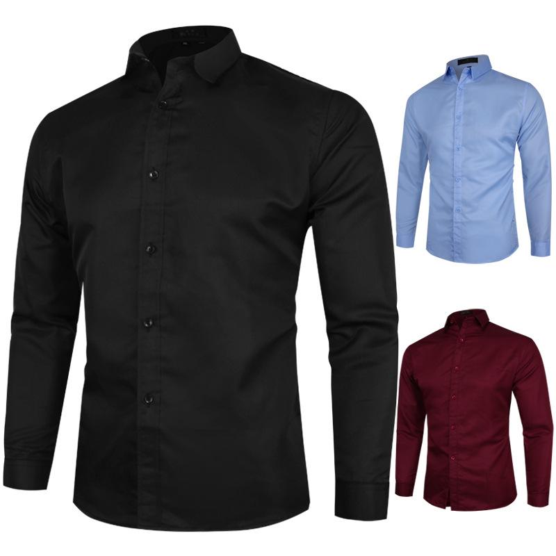 Solid Color Shirt for Men Lapel Top Shirt with Long Sleeves