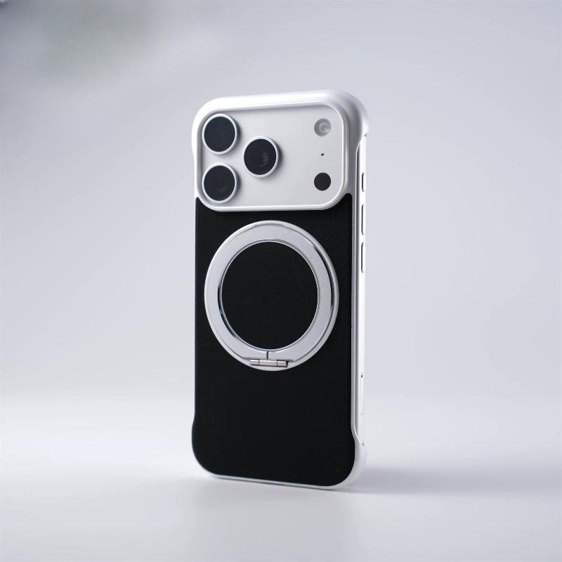 model of frameless leather grain ring holder Magnetic Case For iPhone17 Pro Max 16 15 14 Magsafe Thin Heat Hissipation Cover