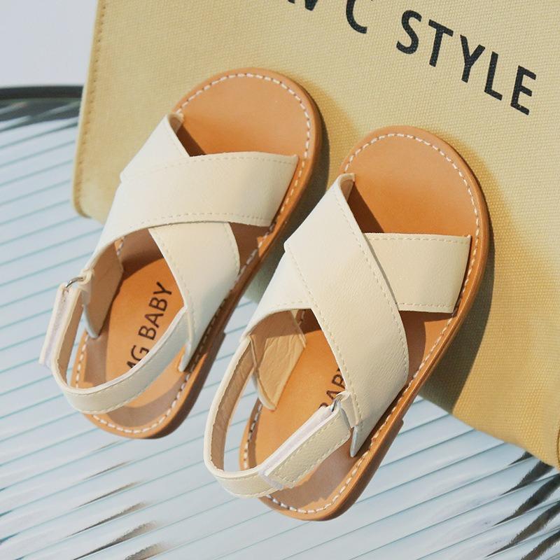 Kids Cross Strap Open Toe Velcro Sandals Summer Casual Beach Shoes For Boys Girls