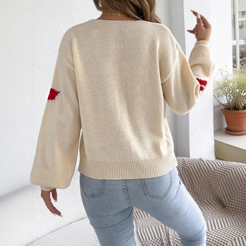 Women's Pullover Sweater with Lip Print Pattern, Self-Tie Neck and Sleeves for Casual