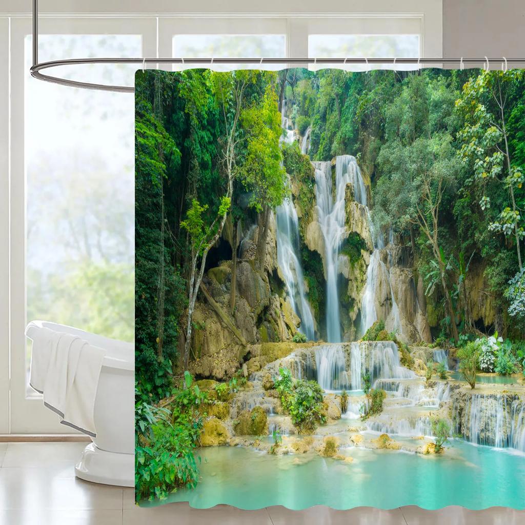 Mountain Forest Streams Natural Landscape Shower Curtain Set Waterfall Scenery View Plant Orchid Printing Bathroom Decor Curtain
