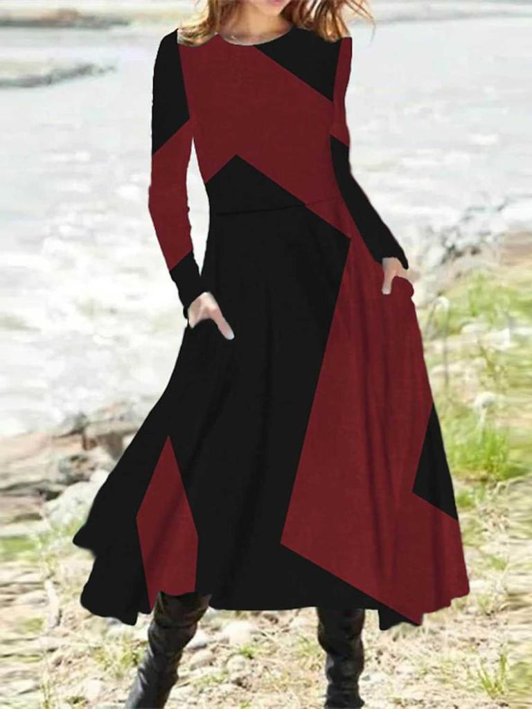 Autumn/Spring Crew Neck Casual Vacation Women's A-Line Midi Dress
