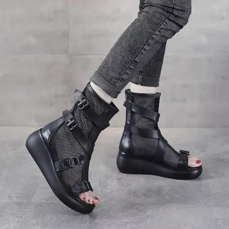 Fashion 6CM New Fashion Women Wedges Sandals Summer Air Mesh Cool Boots Ladies Genuine Leather Open Toe Platform Gladiator Sandals Black