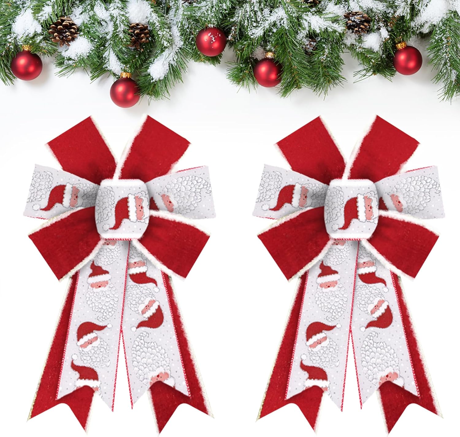 

2 PCS Christmas Bows for Wreath Xmas Santa Shining White Red Burlap Bows Santa Claus Craft Bow Winter Tree Topper for Decoration 12.99 x 8.46 in
